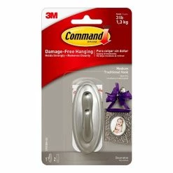 Outlet 🛒 Command™ Adhesive Hooks Command™ Medium Metallic 🧥 Coated Hook, Brushed Nickel, 1 Hook, 2 Strips/Pack (17051BN-ES) 😀